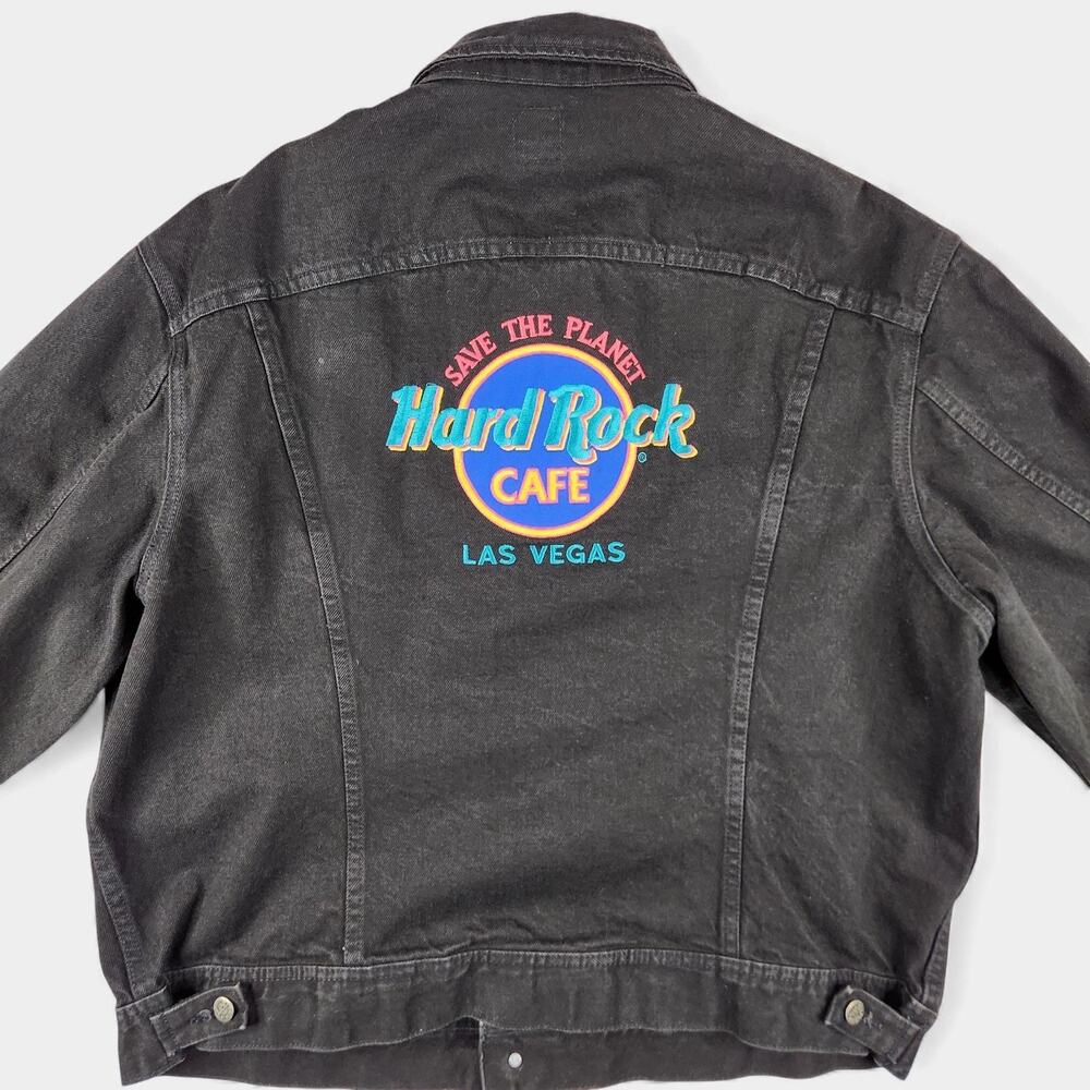 Vintage Lee Denim Jacket Mens XL Black Hard Rock Cafe Las Vegas Embroidered USA